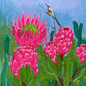 Image of bright pink proteas and one small sugarbird. Original artwork by Maritza